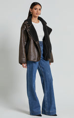 Matilda Jacket - PU Borg Collar Jacket in Brown