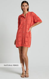 Tully Mini Dress - Knitted Button Through Shift Dress in Coral