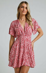Kharry Mini Dress - Button Through Short Flutter Sleeve Waist Tie in Red Floral