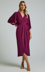 Meagan Midi Dress - V Neck Flutter Sleeve Pleated Detail Wrap in Aubergine