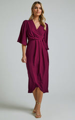 Meagan Midi Dress - V Neck Flutter Sleeve Pleated Detail Wrap in Aubergine