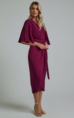 Meagan Midi Dress - V Neck Flutter Sleeve Pleated Detail Wrap in Aubergine