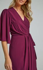 Meagan Midi Dress - V Neck Flutter Sleeve Pleated Detail Wrap in Aubergine