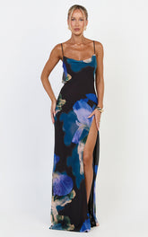 Solara Maxi Dress - Cowl Neck Backless Dress in Midnight Resort Orchid Print