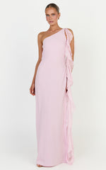 Alani Maxi Dress - Backless One Shoulder Flounce Detail Dress in Pink