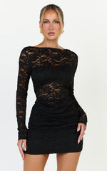 Skye Mini Dress - Lace Long Sleeve Draped Skirt Dress in Black