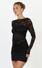 Skye Mini Dress - Lace Long Sleeve Draped Skirt Dress in Black