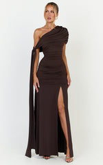 Bree Maxi Dress - Cape Tie Off Shoulder Fit And Flare Dress in Chocolate