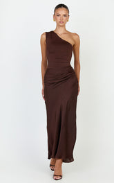 Astrid Midi Dress - One Shoulder Contrast Satin Dress in Chocolate