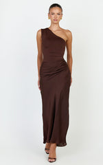 Astrid Midi Dress - One Shoulder Contrast Satin Dress in Chocolate