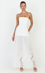 Everly Maxi Dress - Straight Neck Broderie Cut Out Hem Dress in White