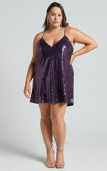 Delilaah Mini Dress - Strappy V Neck Slip Sequin Dress in Purple Sequins