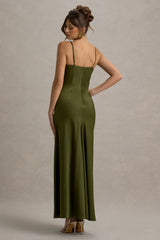 Eimear | Olive Green Satin Draped Sweetheart Maxi Dress