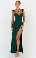 More Than This Maxi Dress - Ruffle Strap Thigh Split Dress in Emerald