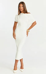 Nalfie Midi Dress - Tipped Shoulder Jersey Drape Dress in White