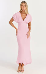 Desiree Midi Dress - V Neck Flutter Short Sleeve Slip Dress in Pink