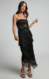 Amalee Two Piece Set - Fringe Strapless Crop Top and Midi Skirt Set in Black