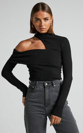 Kiefer Top - Asymmetric Long Sleeve Cutout Top in Black