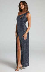 Rehyn Midi Dress - One Shoulder Asymmetric Cut Out Sequin Dress in Black