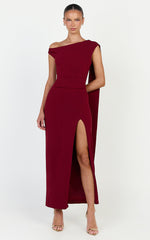 Cosette Midi Dress - Asymmetric Neckline Draped Shoulder Sash Dress in Wine