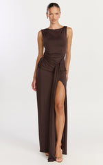 Coraline Maxi Dress - High Neck Sleeveless Draped Sash Dress in Chocolate
