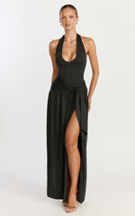 Coraline Maxi Dress - Plunge Neckline Double Waist Sash Halter Dress in Black