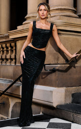 Suzette Two Piece Top and Skirt Set - Velvet Corset Maxi Skirt Set in Black