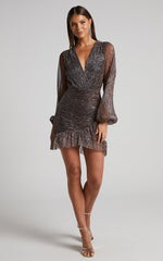 Laurah Mini Dress - V Neck Long Sleeve Plisse Dress in Black/gold