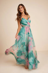 Estelle Teal Blue Floral Pleated Cutout Maxi Dress