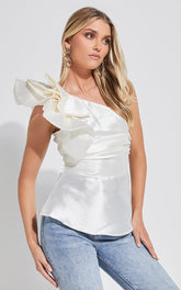 Carizza Top - One Shoulder Flounce Gathered Bodice Top in White