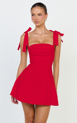 Inez Mini Dress - Gathered Bust A Line Shoulder Tie Dress in Red