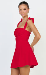 Inez Mini Dress - Gathered Bust A Line Shoulder Tie Dress in Red