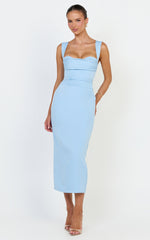 Kenna Midi Dress - Gathered Bust Tucked Waist Dress in Pale Blue