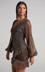Laurah Mini Dress - V Neck Long Sleeve Plisse Dress in Black/gold