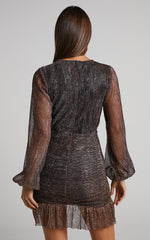 Laurah Mini Dress - V Neck Long Sleeve Plisse Dress in Black/gold