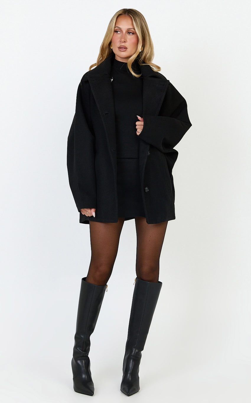 Rina Coat - Oversized Three Button Front Closure Coat in Black
