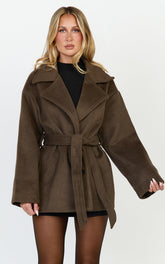 Dahlia Coat - Single Breasted Belted Short Wool Like Coat in Dark Chocolate