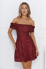 Glittering Dreams Sequin Off Shoulder Mini Dress Burgundy