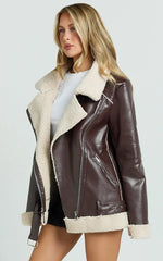 Claudette Jacket - Faux Leather Shearling Oversized Biker Jacket in Dark Chocolate