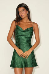 Close to Your Heart Emerald Green Satin Jacquard Cowl Slip Dress