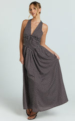 Abby Midi Dress - Sleeveless V-Neckline Dress in Chocolate Polkadot