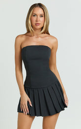 Adamae Mini Dress - Strapless Pleated Dress in Black
