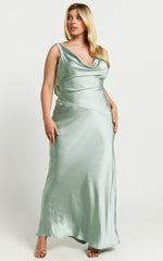 Adilah Maxi Dress - Cowl Neck Satin Dress in Pistachio