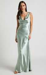 Adilah Maxi Dress - Cowl Neck Satin Dress in Pistachio