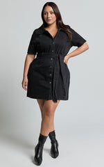Aelicia Mini Dress - Button Through Denim Dress in Washed Black