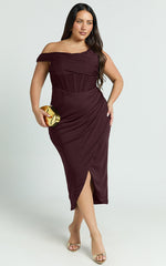 Aidia Midi Dress - Off Shoulder Draped Corset Dress in Burgundy