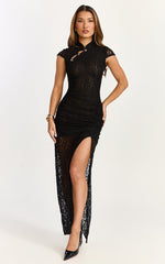 Aimee Maxi Dress - Mandarin Collar Gold Button Gathered Waist Leg Split Dress in Black