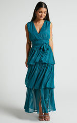 Alana Maxi Dress - Short Sleeve Plunge Aline Dress in Emerald