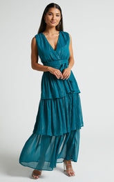 Alana Maxi Dress - Short Sleeve Plunge Aline Dress in Emerald