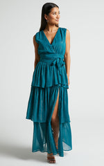 Alana Maxi Dress - Short Sleeve Plunge Aline Dress in Emerald